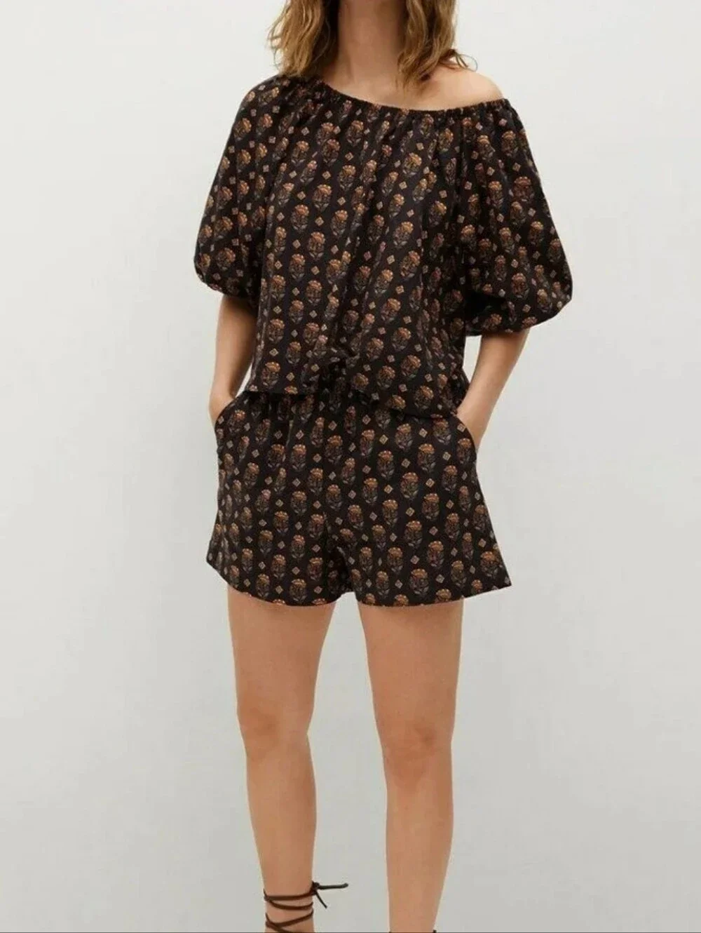 Mango 2 Piece Black & Orange Printed Cotton Bardot Top & Matching Shorts Set 4/S